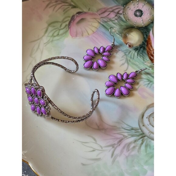 Native American-Style Silver & Purple Cuff Bracelet & Earrings Set New - Picture 3 of 7